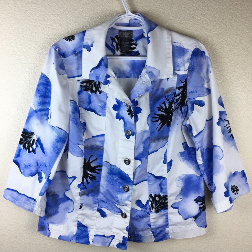Additions by Chico's Blue/White Floral Pattern Button Up Shacket Size 1/M/8